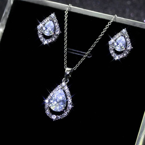 2 Pcs European And American New Fashionable Water Drop Zircon Necklace Earrings For Women, Simple, Fashionable, High End Earrings, Clavicle Chain-image