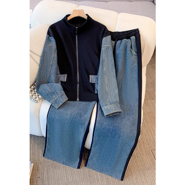 Women's Clothing Denim patchwork tops for girls spring and autumn new junior high school students wide leg long pants two piece suit