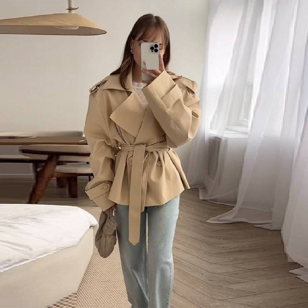 Women's Clothing Women's Stylish Belted Short Trench Coat - Slim Fit Casual Blazer Jacket For Work & Travel (Khaki/Black/Red/Navy)-image