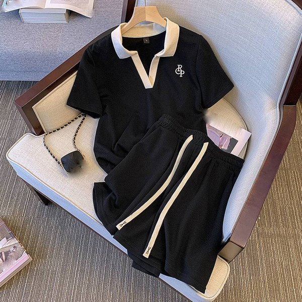 Women's Clothing Large Size Stitching Contrast Color Design Casual Sports Suit Summer Fashion Loose Short Sleeved Shorts Two Piece Suit-image