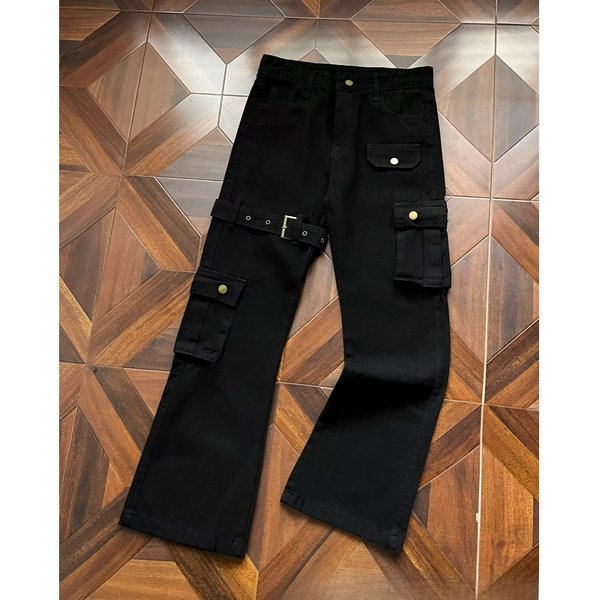 Men's Clothing High Street Niche Design Slim Fit Cargo Jeans – High Street Flared Trousers, Vintage Black Denim Pants With Distressed Detailing