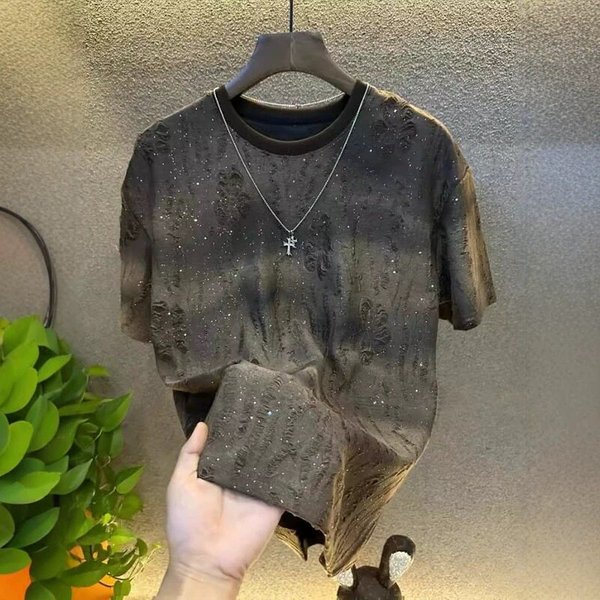 Men's Summer Short Sleeve Crew Neck T-Shirt Trendy Luxury Starry Sky Rhinestone Design Ripped Cropped Top-image