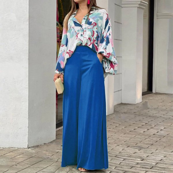Women's New Fashion Suit Large Size Women's Lapel Shirt Printed High Waist Wide Leg Pants Two-Piece Set-image