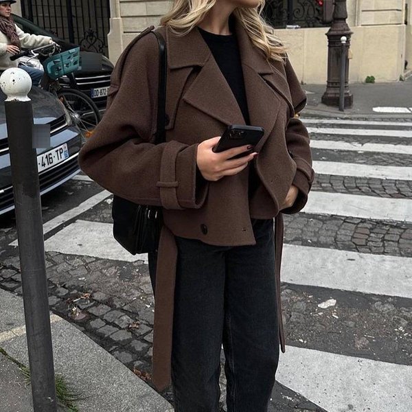 Wool-Blend Double-Breasted Trench Coat – Women’S Fashion Outerwear With Belt, Oversized Lapel & Mid-Length Cut (Dark Brown, S-XL)-image