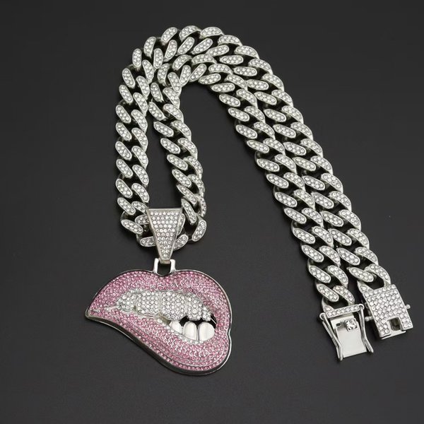 Hip Hop European And American Style Pink Lips Teeth Pendant Necklace Cuban Personality Sweater Chain Unisex Design