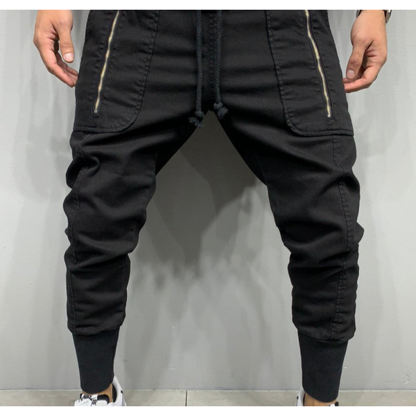 Men's Fashion Casual Cargo Pants Men's Tie Down Pants Casual Three-Dimensional Zipper Pocket Elastic Pants-image