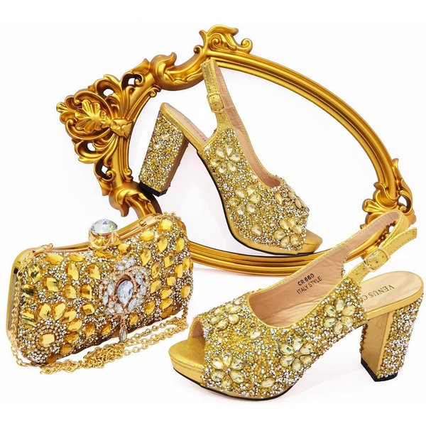 Sparkling Stone Embellished Peep-Toe Heels - Backless High Heels Matching Wallet Set (Evening Glam Collection)