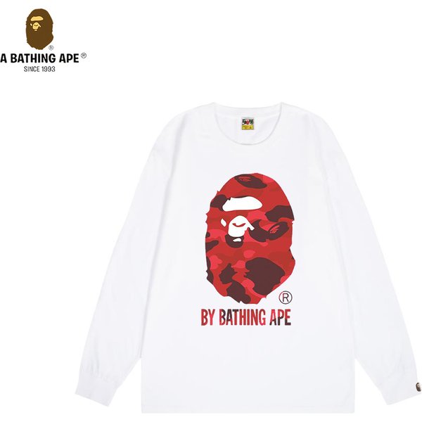 A Bathing Ape BAPE-BAPE Simple Red Ape Head Pattern Letter Logo Printed Cotton Round Neck Long Sleeve Top-image