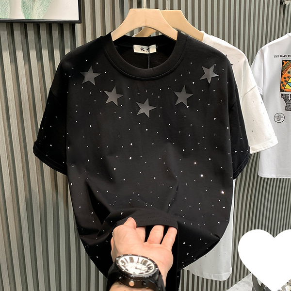 Men's Clothing Internet Celebrity Hot Style Niche Men's T-Shirt Short-Sleeved Pure Cotton Star Hot Diamond Fashion Brand Half-Sleeved T-Shirt Local-image