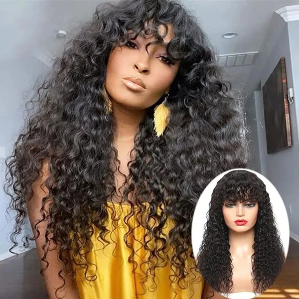 Water Wave Wig With Bangs Human Hair 100% Curly 180 Density Brazilian Machine Made Wigs-image