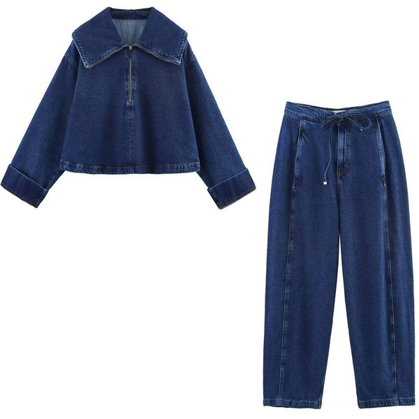 Women's Clothing Zarz High-Waist Denim Jacket & Jeans Set – Vintage Distressed Two-Piece Outfit For Women-image