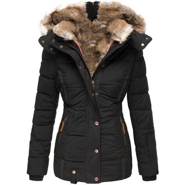 Women's Winter Warm Faux Fur Trim Hooded Coat With Zip-Up Long Sleeve Slim Fit Padded Jacket – W128 (Pink, Red, Black, Blue, Army Green, Beige)-image