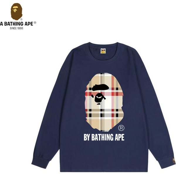 A Bathing APE BAPE-Pure Cotton Round-neck Long-sleeved Sweatshirt With A Printed Logo Featuring A Grid Striped Ape Head Pattern