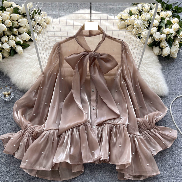 Women's Clothing Niche Design Sense Beaded Bow Horn Sleeve Shirt Women's Celebrity Style Shirt