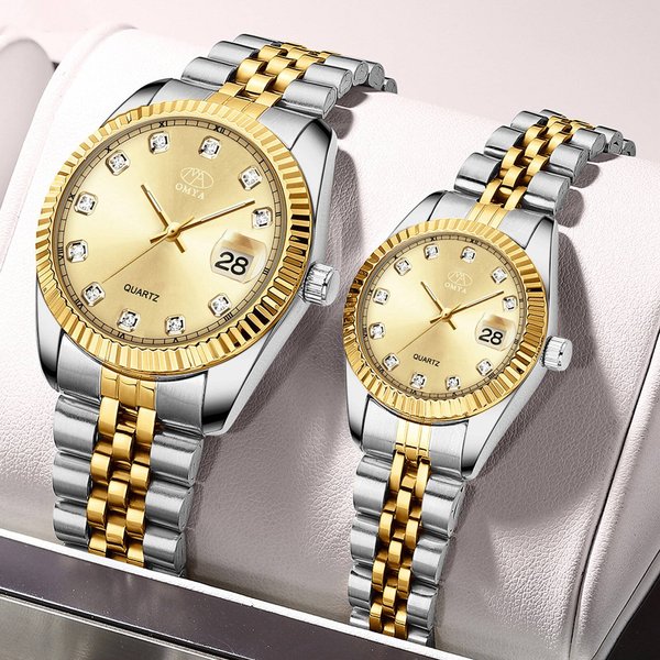 OMYA Waterproof Couple Watches Calendar Stainless Steel Quartz Dress Watch Set
