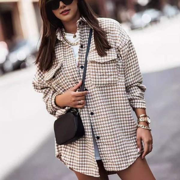 Women's Clothing Autumn And Winter Fashion Houndstooth Pattern Long Sleeved Shirt-image