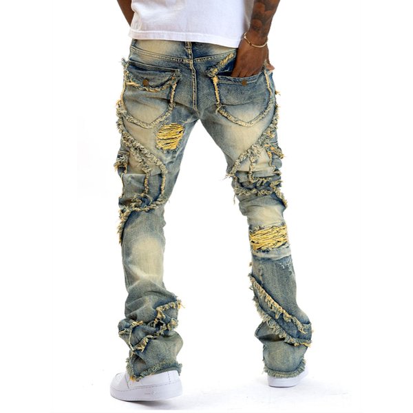 New European And American Men's Casual Jeans, Street Punk Fashion, Retro, Ripped Hole, Slightly Flared Elastic-image