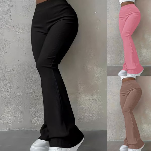 Women's High-Waisted Ribbed Leggings - Slim Fit Stretchy Pants For Fall & Winter, Solid Color Casual Basics (Black, Pink, Brown)