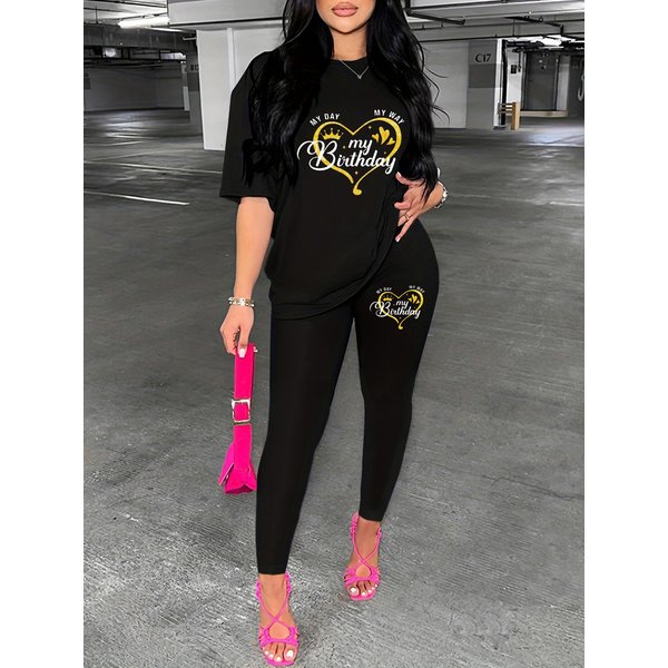Women's Casual Loose And Fashionable Birthday Pattern Print Loose T-shirt+cropped Pants Two-piece Home Sportswear Daily Outfit-441