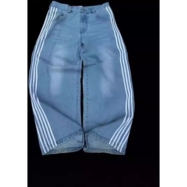 Men's Clothing Retro Street Striped Jeans Washed Distressed Casual Straight Wide Leg Mopping Trousers-image