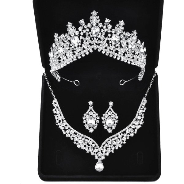 Cross-border new European and American bridal jewelry necklace and earrings set three-piece rhinestone tiara wedding crown accessories