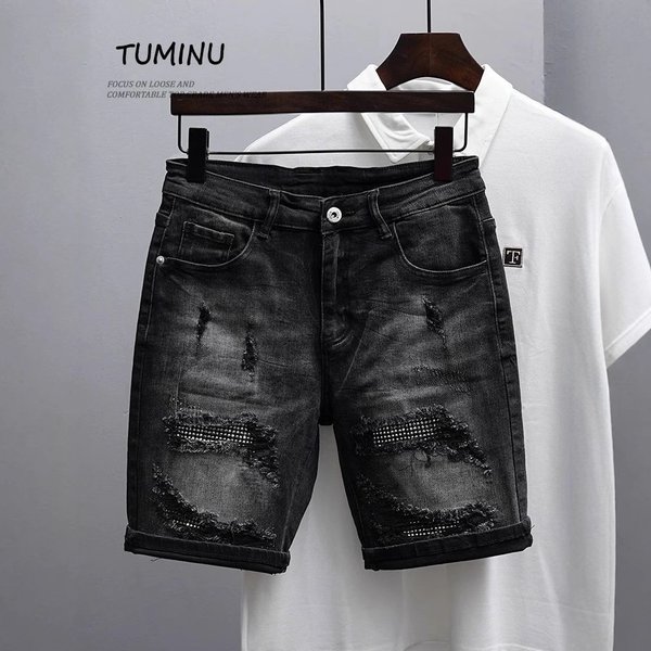 Men's Clothing Trendy Slim Fitting Skinny Pants Ripped Retro Washed All Match Five Point Pants-image