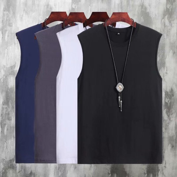Men's Clothing Summer New Slim Youth Trend Solid Color Round Neck Men's Sleeveless T Shirt-image