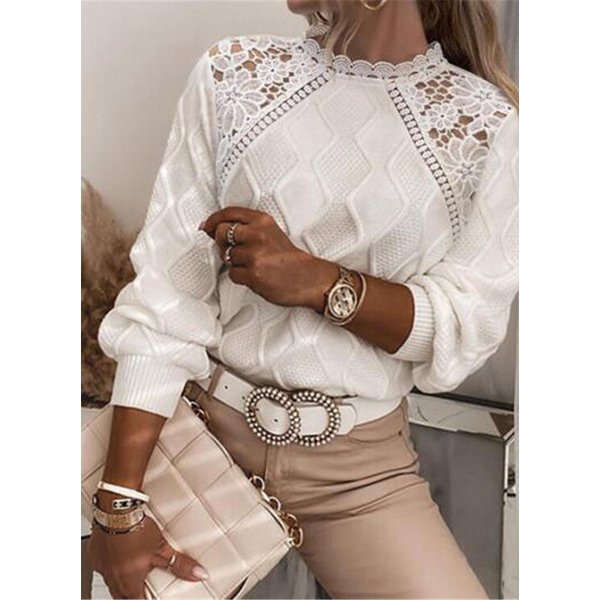 Women's Knitted Pullover Top Autumn And Winter Style Lace Lace Shoulder Sweater Women's Tops Temperament Slim Knitted Sweater-image