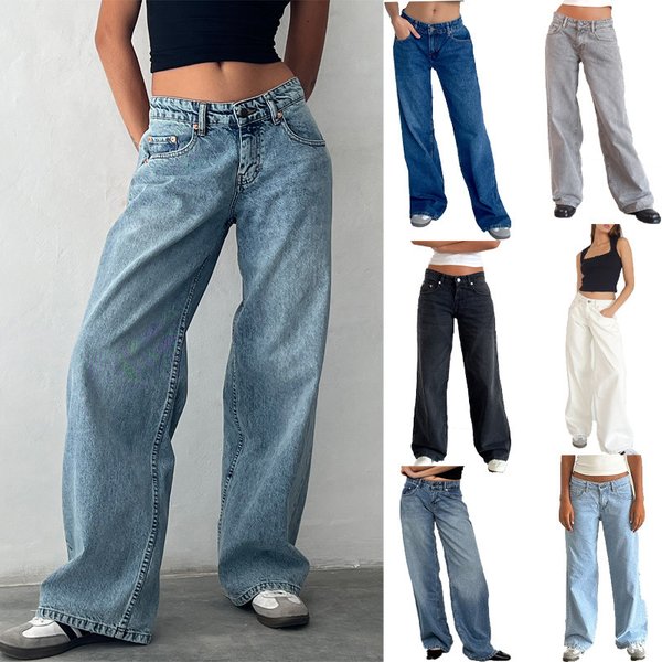 Women's Clothing Retro Low Waist Non Elastic Washed Straight Jeans For Women Autumn New Street Wide Leg Denim Pants For Women-image
