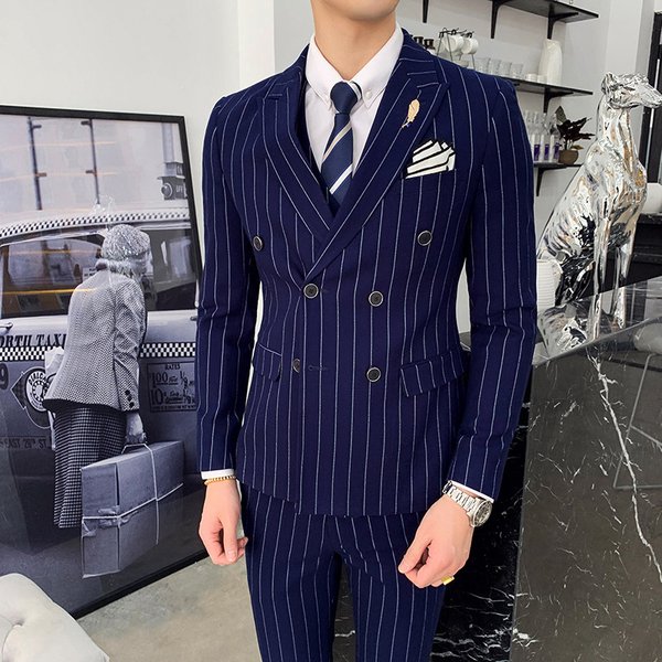 Men's Clothing Four Seasons New Business Slim Striped Suit Three Piece Suit For Men Korean Style Youth Hairstylist Formal Suit-image