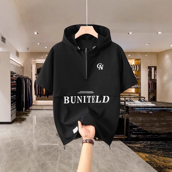 Men's Clothing Summer New Plus Size T Shirt With Hood And Zipper Short Sleeve Loose Large Size 300 Catties Printing-image