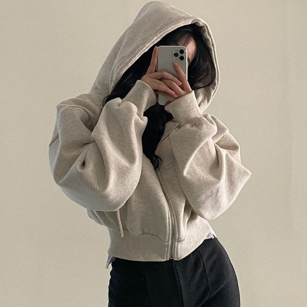 Women's Clothing Spring And Autumn New Products Ins Plus Velvet Versatile Fashion Short Slim Zipper Warm Solid Color Hooded Sweatshirt Women