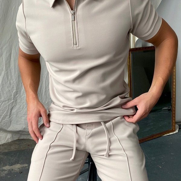 Men's Clothing Polo Shirt Short Sleeve Shirt Set Summer Half Zip Top Multi Pocket Shorts Two Piece Set-image