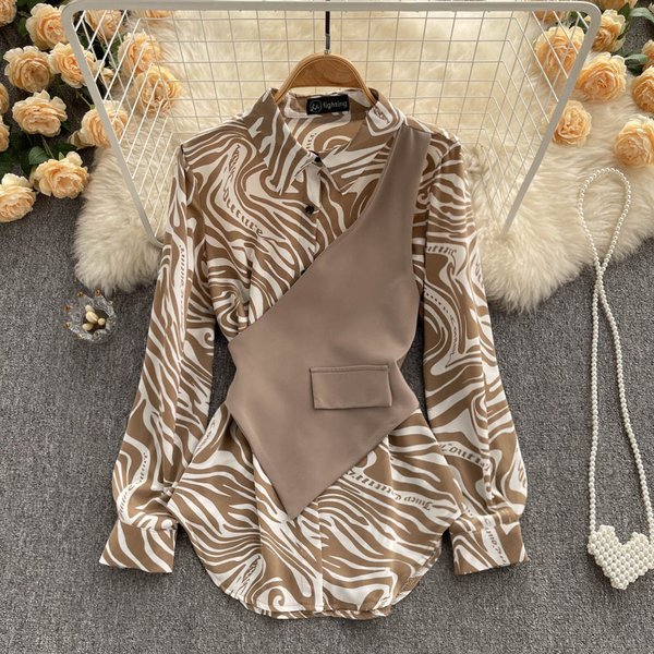 Women's Long-Sleeved Tops Loose And Slimming Striped Stitching Fake Two-Piece Shirt For Women-image