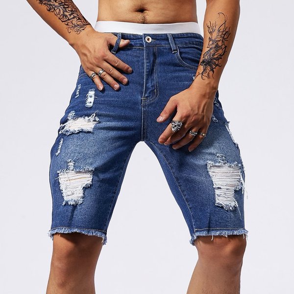 Men's Clothing Micro Elastic Slim Summer Five Point Jeans Casual Shorts Loose Men's Denim Shorts 5 Points Hole-image