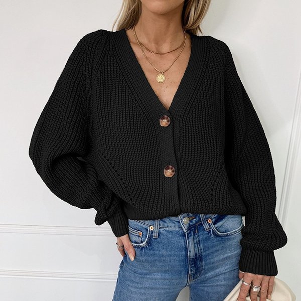 Women's Clothing Elegant V-Neck Lantern Sleeve Knit Cardigan For Women – Soft & Stylish Fall/Winter Essential