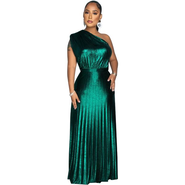 Women's Clothing Supply Fashion Slant Collar Sleeveless Slim Pleated Dress