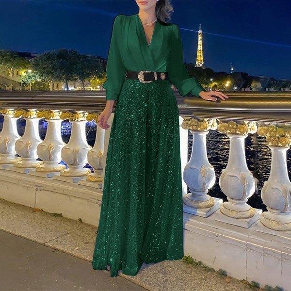 Women's Clothing High End V Neck Long Sleeved Shirt Temperament Elegant Waist Sequin Wide Leg Pants