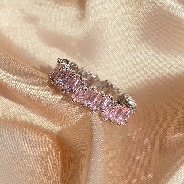 2025 New Arrivals Zakol Fashion Pink Baguette Cubic Zirconia Engagement Rings For Women Marquise Crystal Stone Wedding Party Jewelry Gift-image