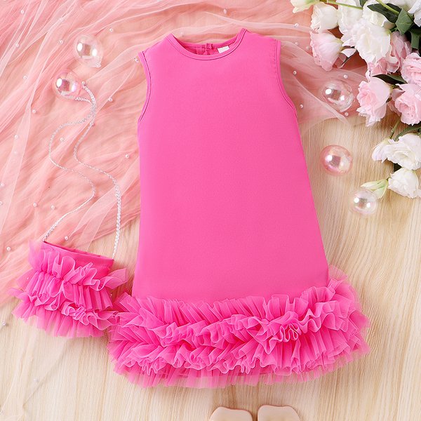 Baoxin Children's Clothing Summer Girls Dress Sleeveless A Line Cake Mesh Skirt + Bag Princess Dress
