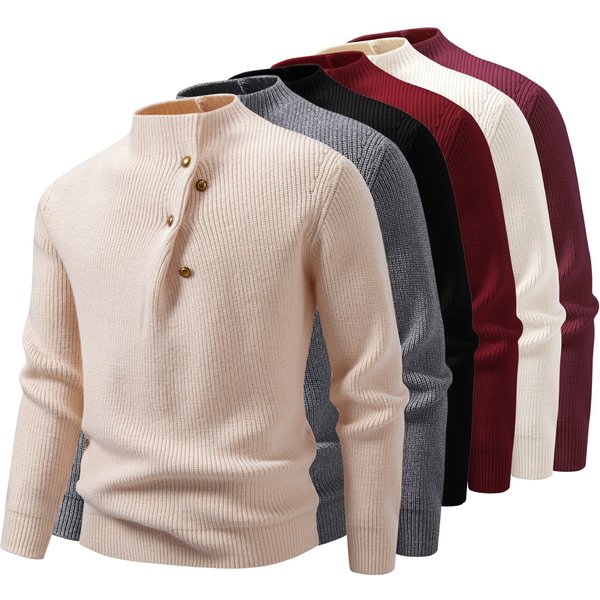 Men’S Slim-Fit Stand Collar Sweater – Button Detail Knit Pullover (White/Grey/Black/Burgundy, M-4XL, Winter Warm)-image