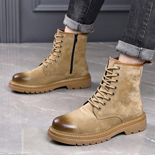 「Xgxc」British-Style Tartan-Finished Martin Boots, Men's Autumn And Winter New Thick-Soled, Fleece-Lined, Warm Mid-Calf Cotton Boots.-image