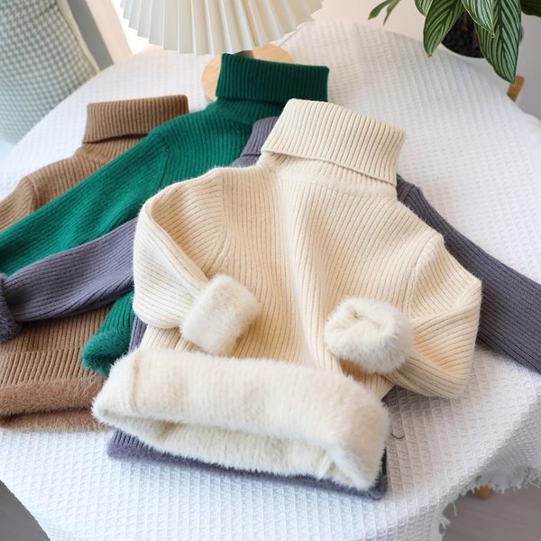 Mother & Kids Children's Sweater Integrated Fleece Base Sweater Medium Children's Solid Color Turtleneck Pullover Jacket For Boys And Girls-image