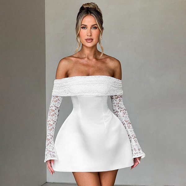 Women's Clothing Autumn And Winter New Sexy Lace High Waist Slim Long Sleeve Short Dress-image