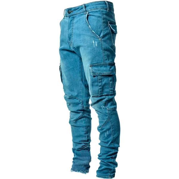 Men's Stretch Multi Pocket Calf Pants Slim Fit Jeans