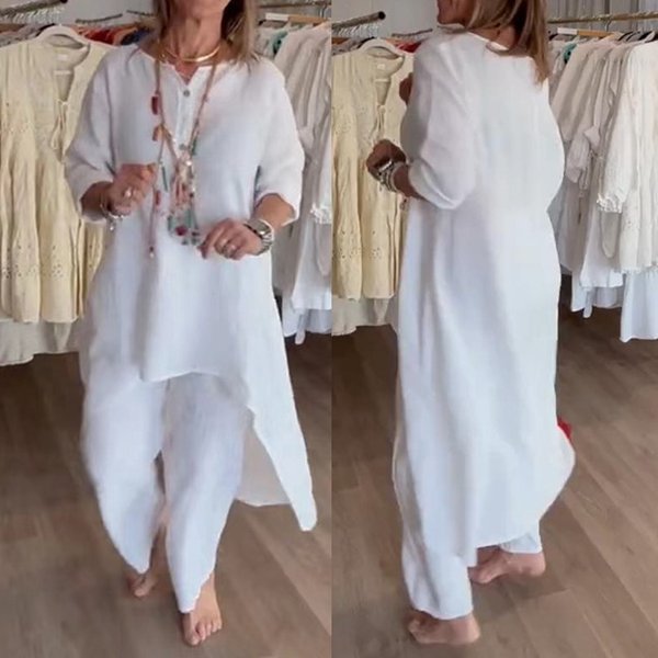 Women's Clothing summer women's loose long pullover top elastic waist wide leg pants casual cotton and linen suit