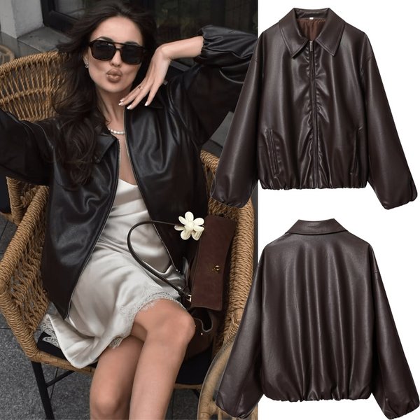 Faux Leather Jacket Women’s Long Sleeve – Stylish Oversized Bomber Coat, Wine Red PU Vegan Jacket For Streetwear & Fall Fashion