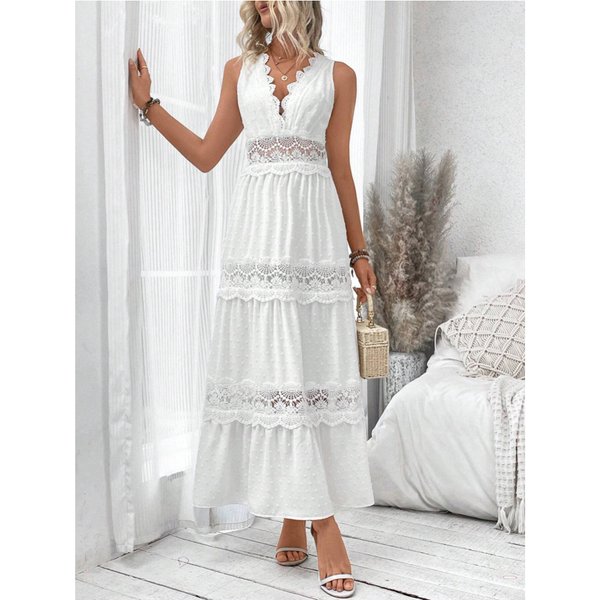 Women's Clothing Summer New VCAY Women's Lace Splicing V Neck Sleeveless Dress
