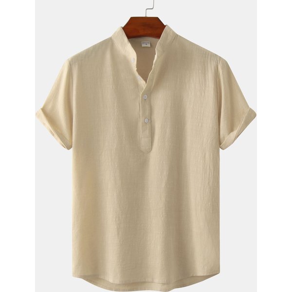 Men's Cotton Linen Stand Collar Casual Short Sleeve Shirt T-Shirt Shirt