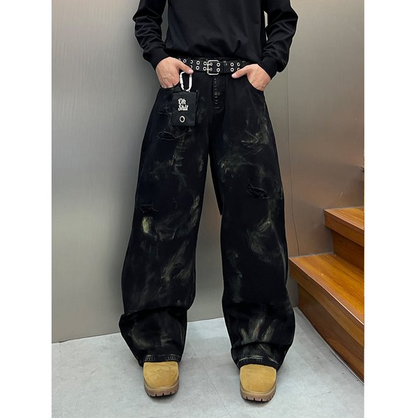 Streetwear Graffiti Jeans - Oversized Distressed Denim Pants With Paint Splatter & Washed Effect For Urban Fashion-image